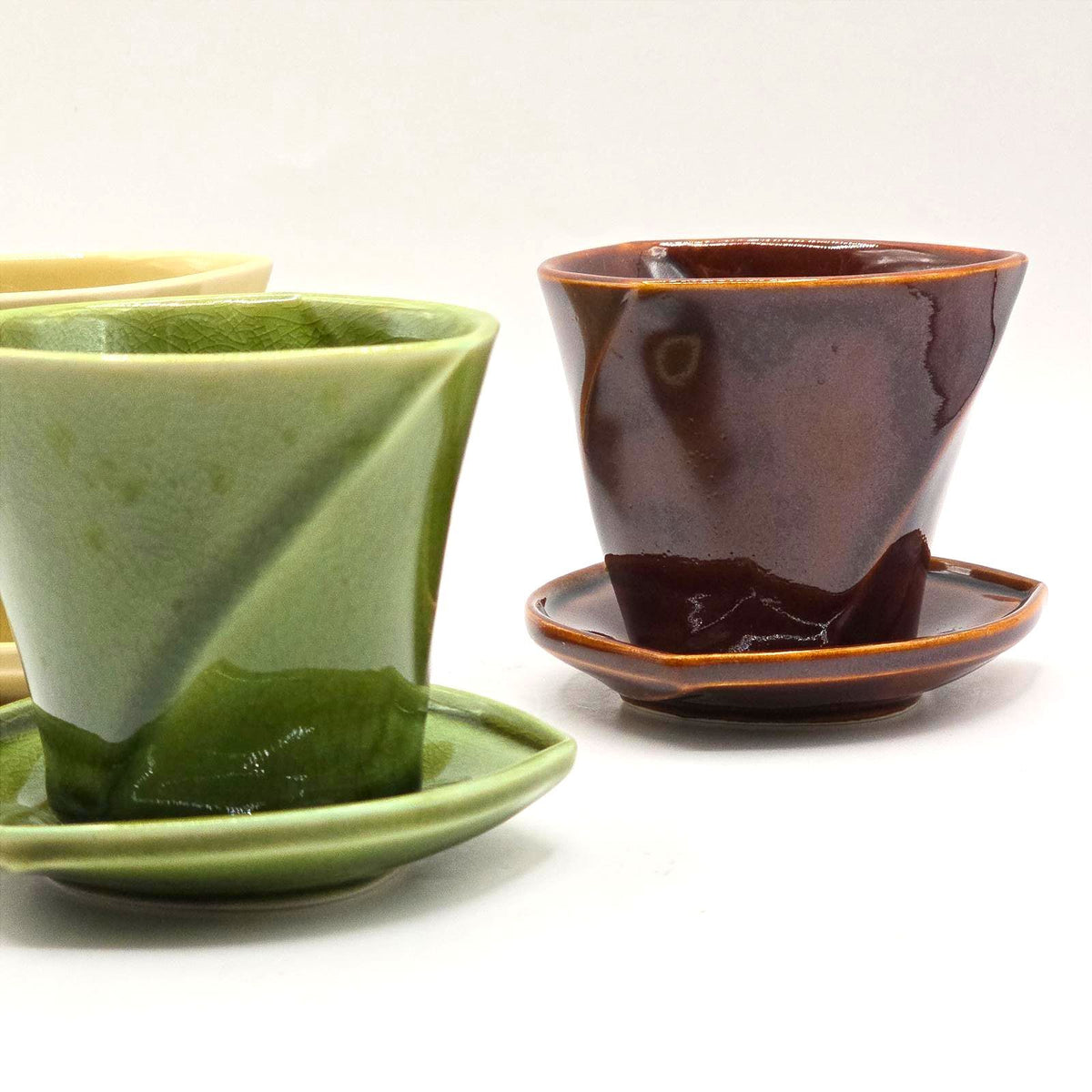 Vintage Japanese Tea Cups and Saucers Set of 3 MCM Geometric Pottery