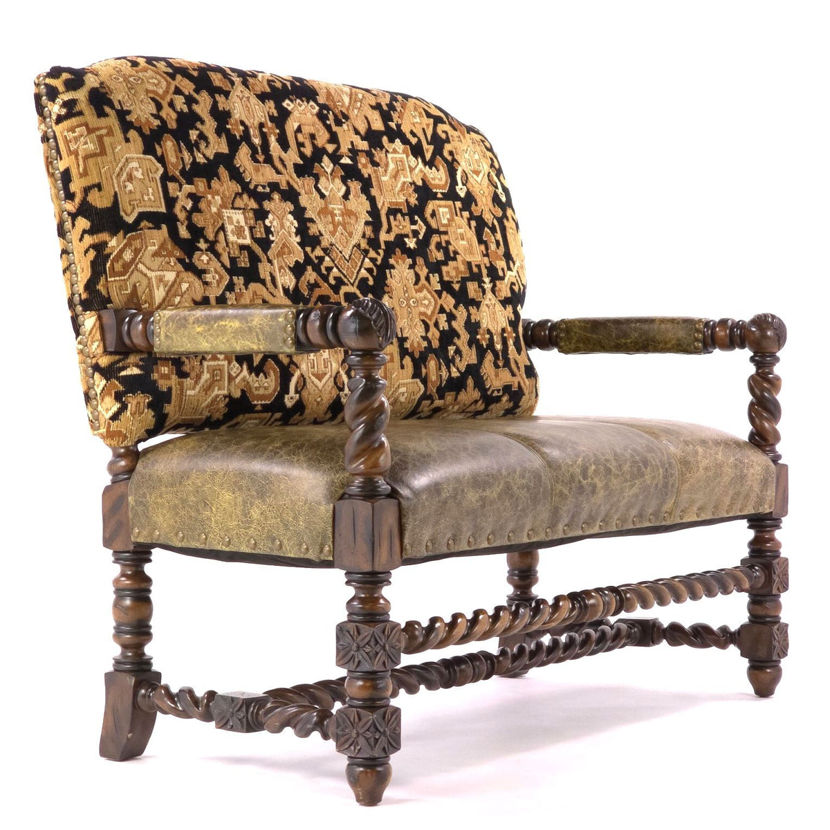 Louis XIII Revival Barley Twist Tapestry Upholstered Wood Loveseat Settee