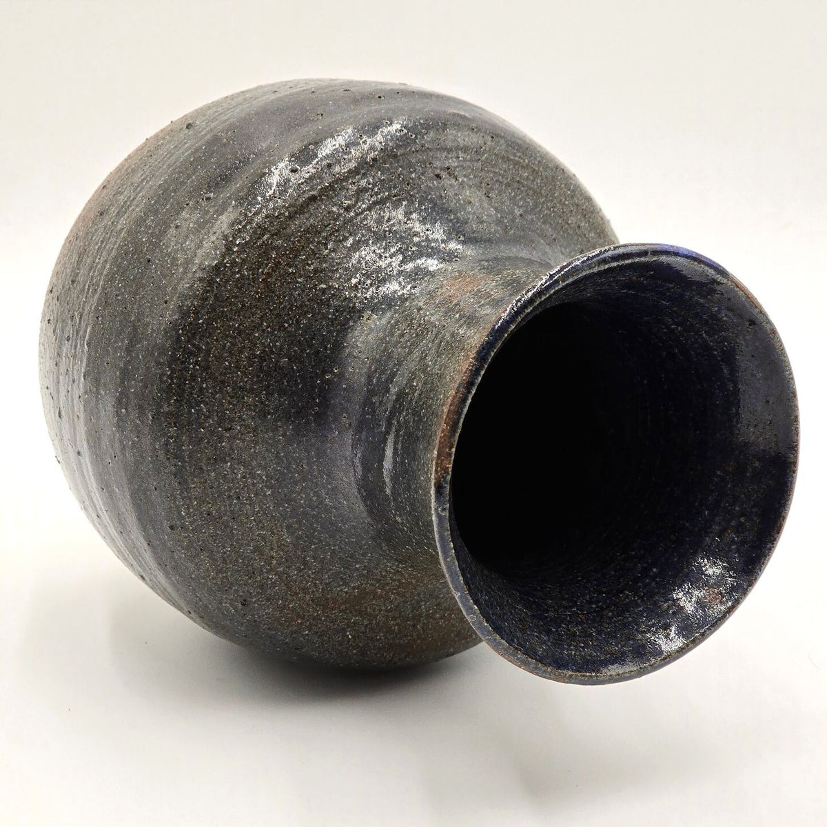 Signed Studio Pottery Stoneware Vase Rustic Black Brown Ceramic 8"