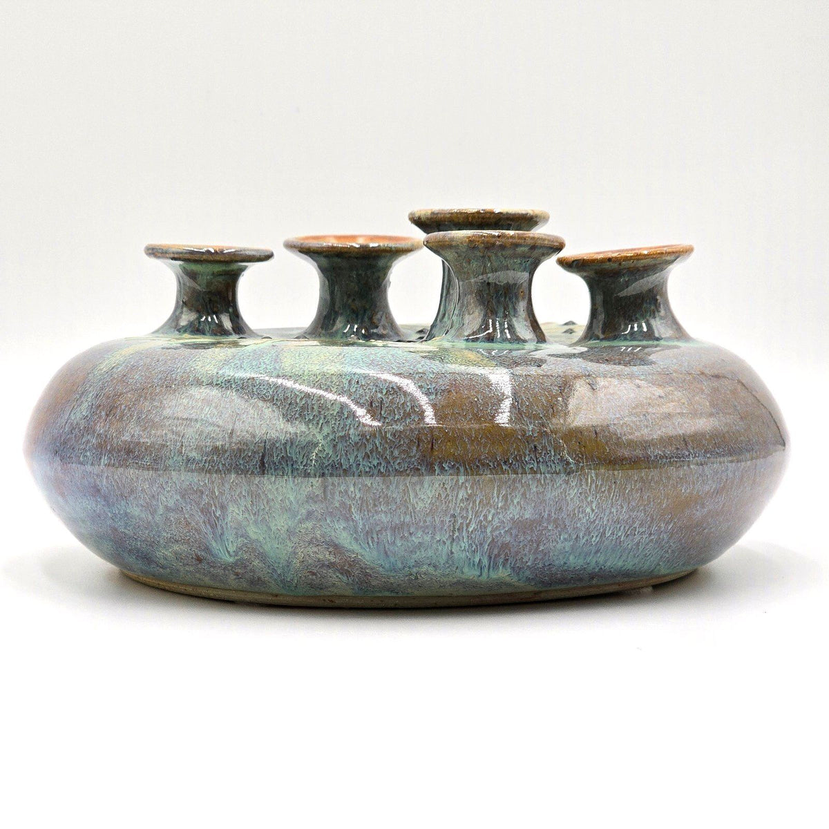Signed Vintage Studio Pottery Five Neck Flower Arranger Vase Art Pottery