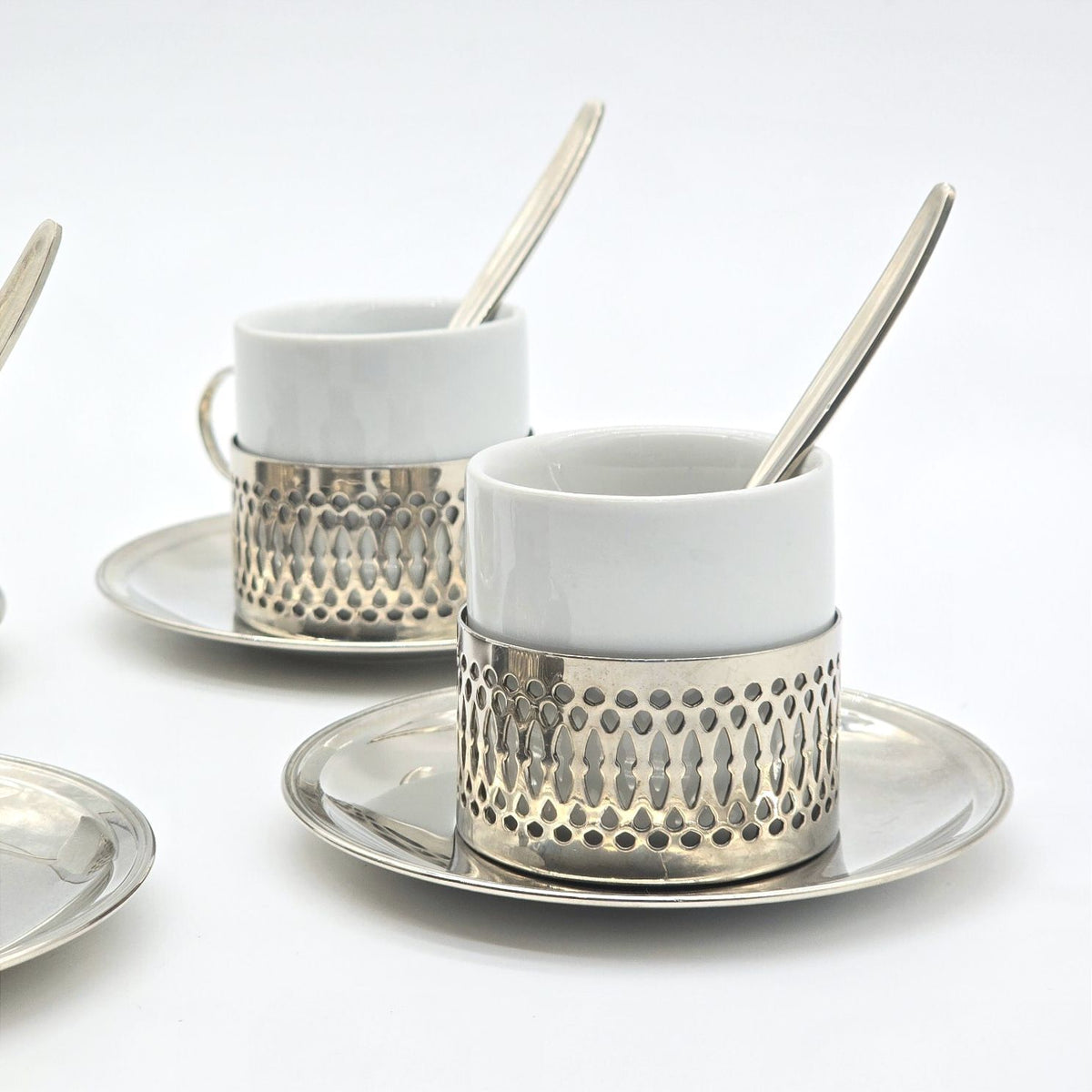 Porcelain Demitasse Espresso Cups Silver Tone Holders Saucers Spoons Set of 4