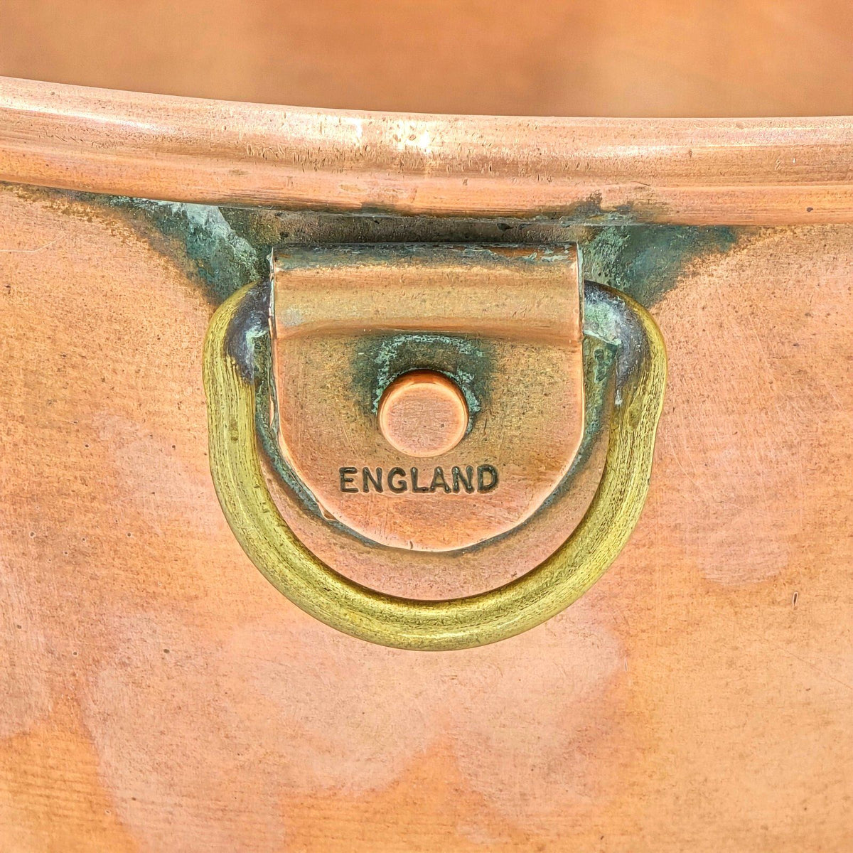 Vintage English Copper Mixing Beating Bowl Brass Ring Handle 8.75"