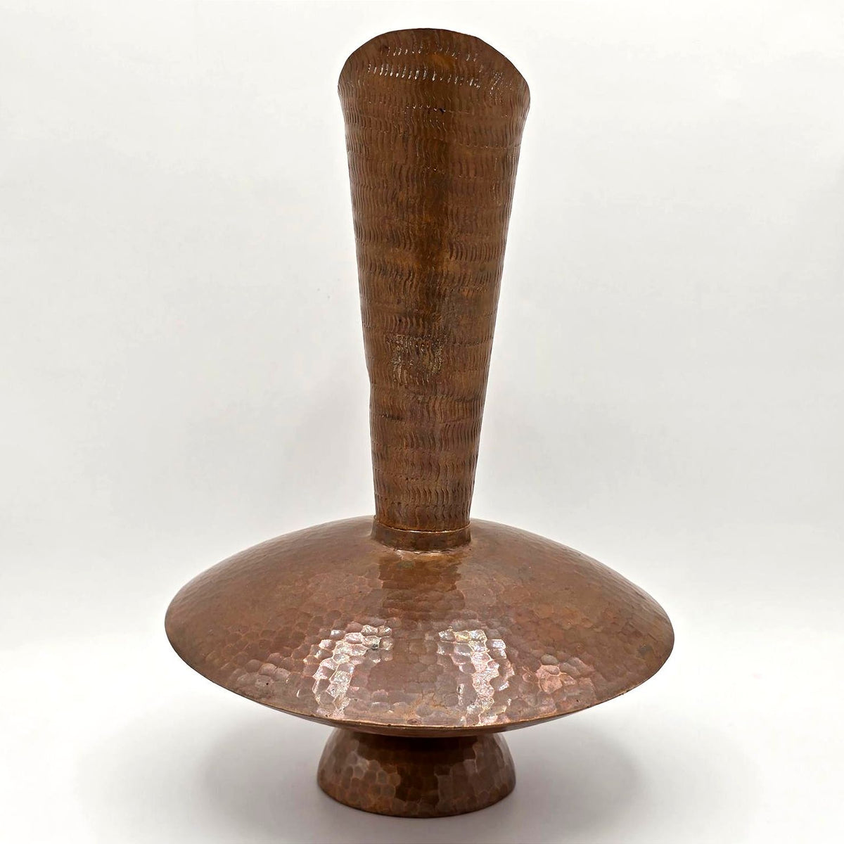 Vintage Hammered Copper Ewer Pitcher Sculptural Pedestal Vase 11in