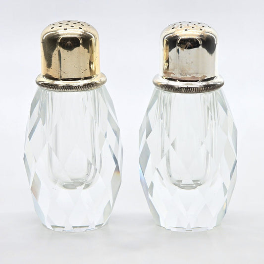 Vintage Faceted Crystal Salt & Pepper Shakers Silver Tone Tops MCM Set