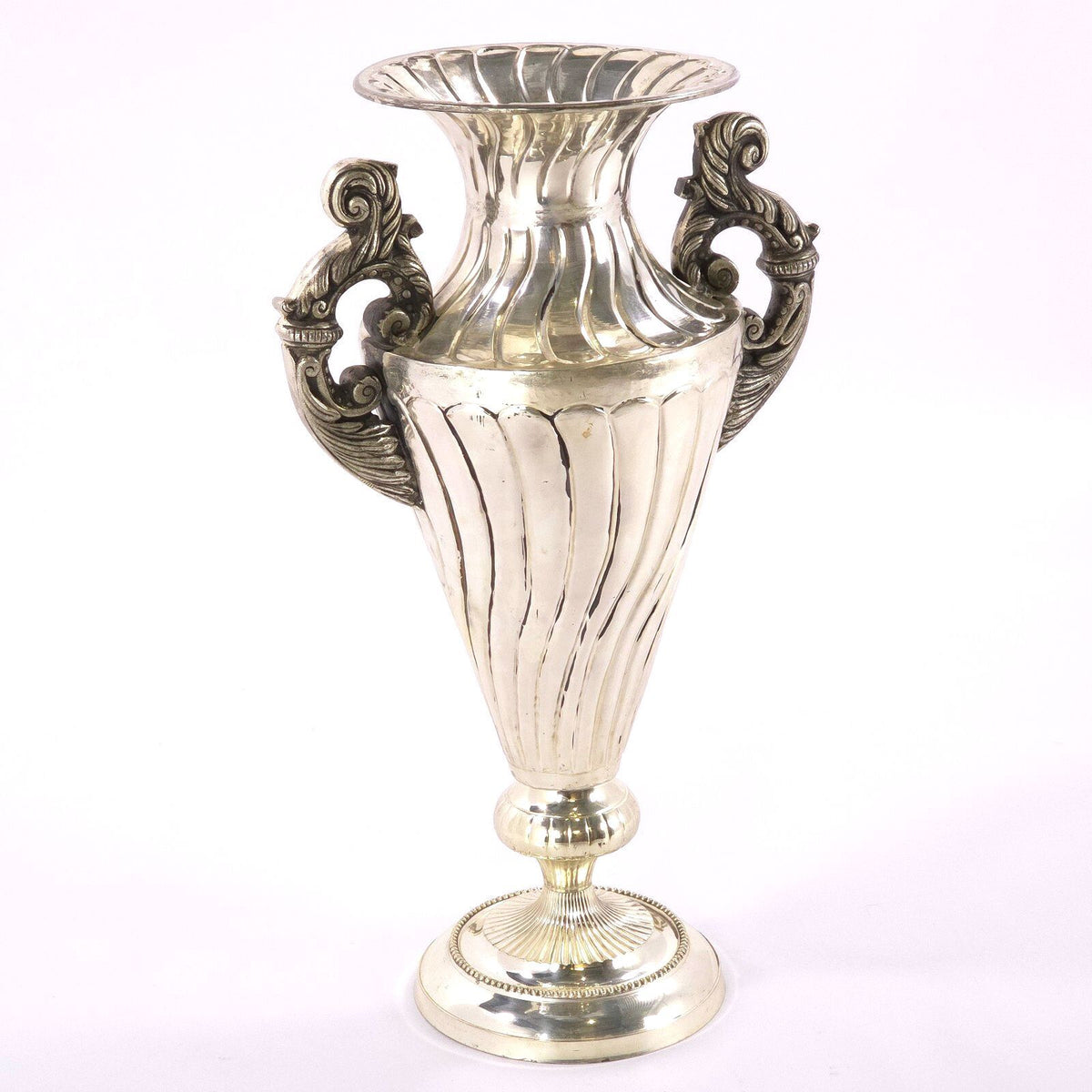 Large French Neoclassical Style Silver Tone Metal Urn Vase Ornate Handles 30.5in
