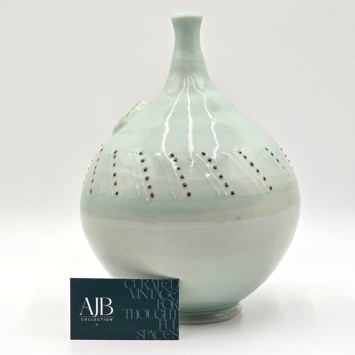 Celadon Green Studio Pottery Bottle Vase 10.5 Inch Raised Dot Decoration