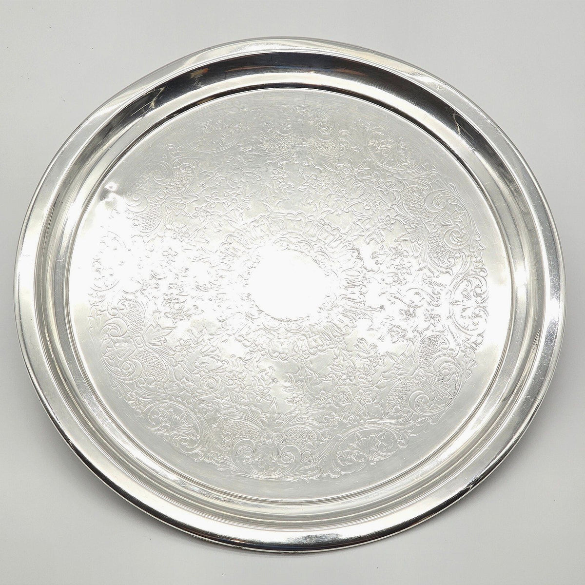 Vintage F.B.R. 2311 Silver on Copper Round Serving Tray Floral 12"