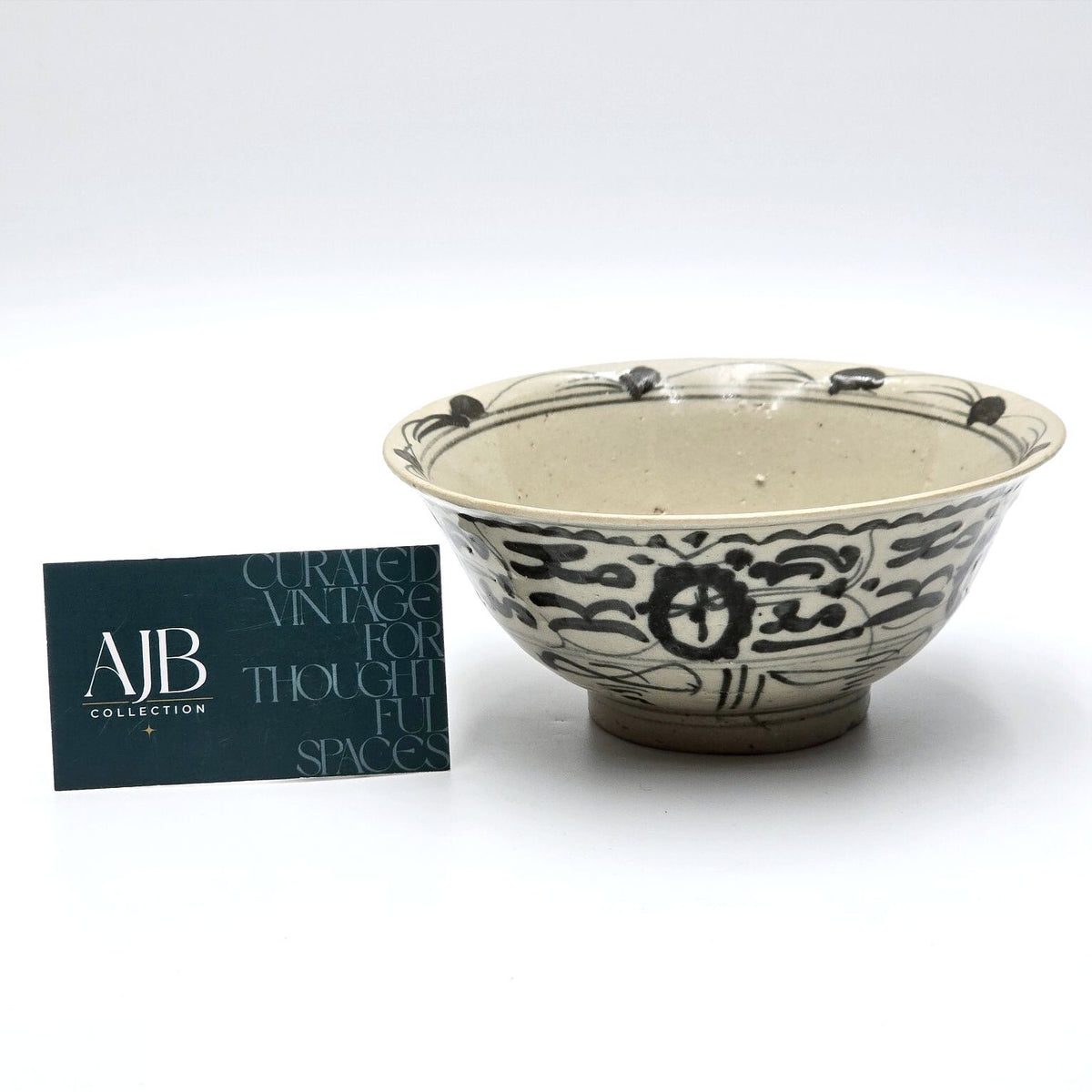 Asian Blue White Hand Painted Ceramic Rice Bowl Floral Scroll 6.25in