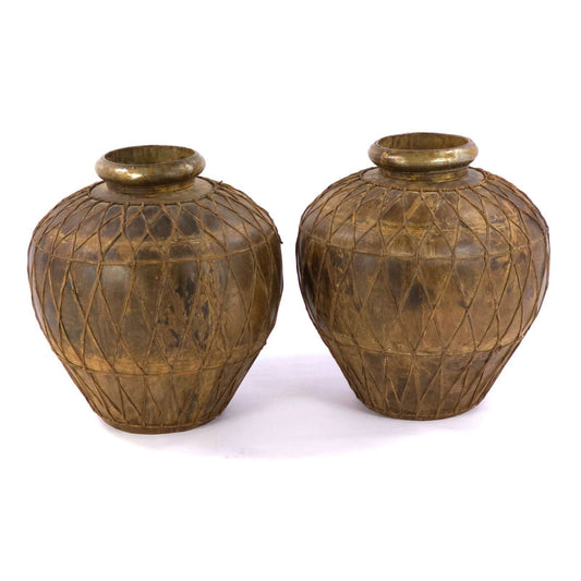 Vintage Large Leather Wrapped Iron African Pots - Rustic Tribal Floor Vase
