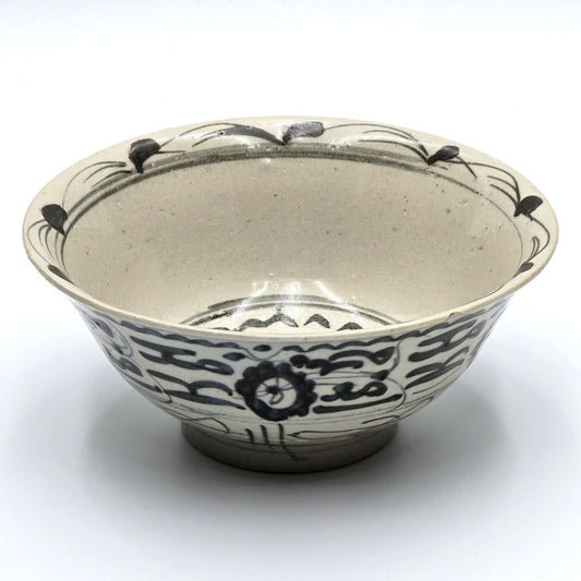 Asian Blue White Hand Painted Ceramic Rice Bowl Floral Scroll 6.25in