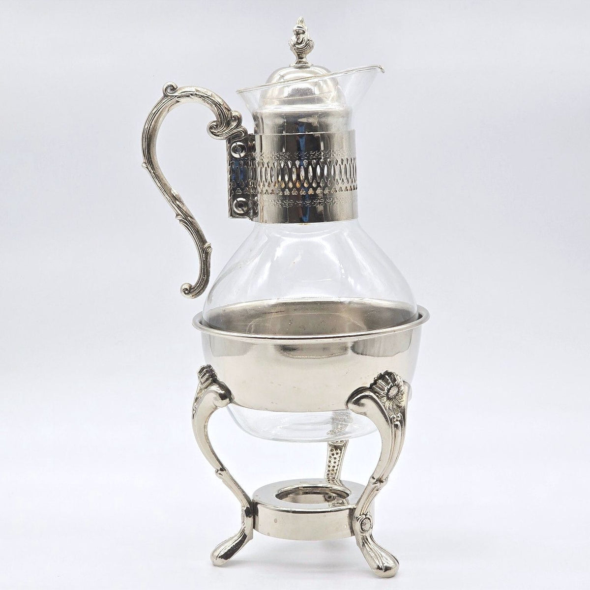 Vintage Silverplate Glass Coffee Tea Carafe Warming Stand Ornate 13.5"