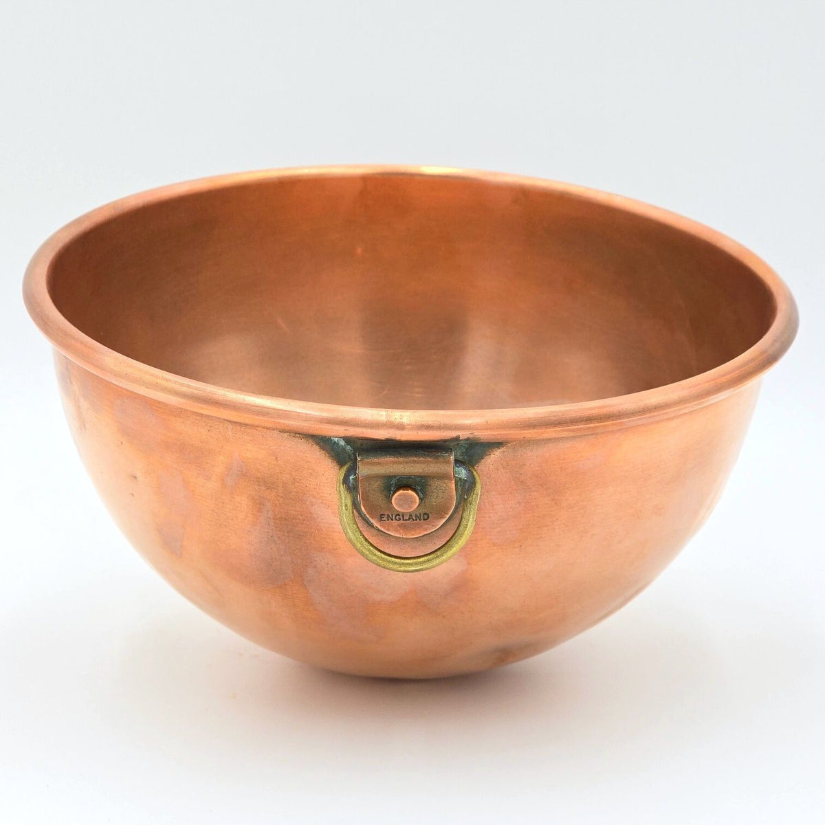 Vintage English Copper Mixing Beating Bowl Brass Ring Handle 8.75"