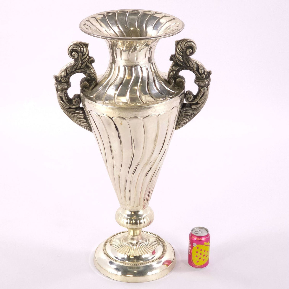 Large French Neoclassical Style Silver Tone Metal Urn Vase Ornate Handles 30.5in