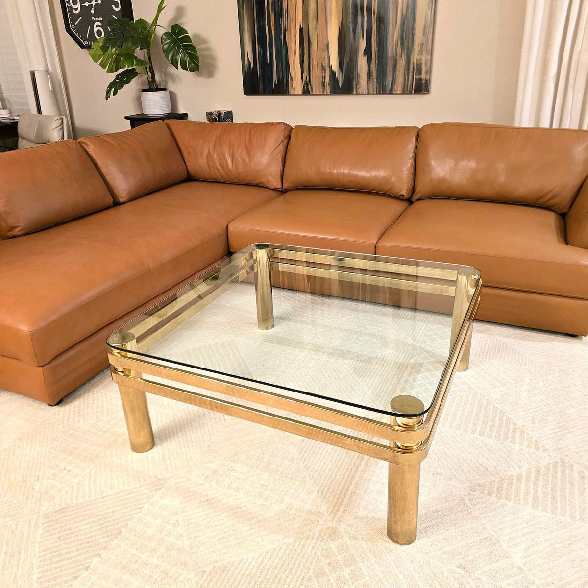 Vintage Hollywood Regency Brass Glass Coffee Table Square Double Rail 38 Inch