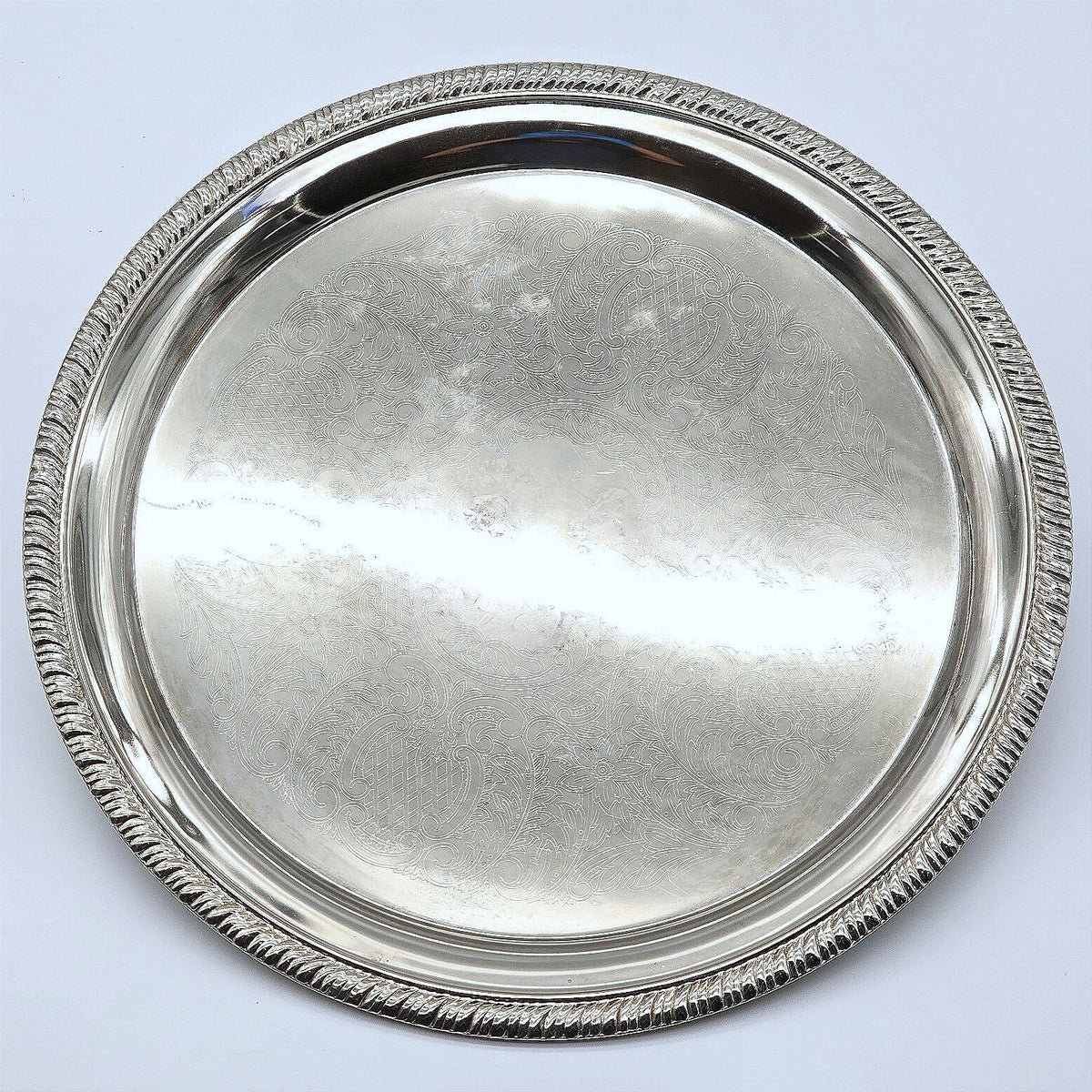 Vintage Silver Plated Hong Kong Round Serving Tray Engraved Scroll 12"