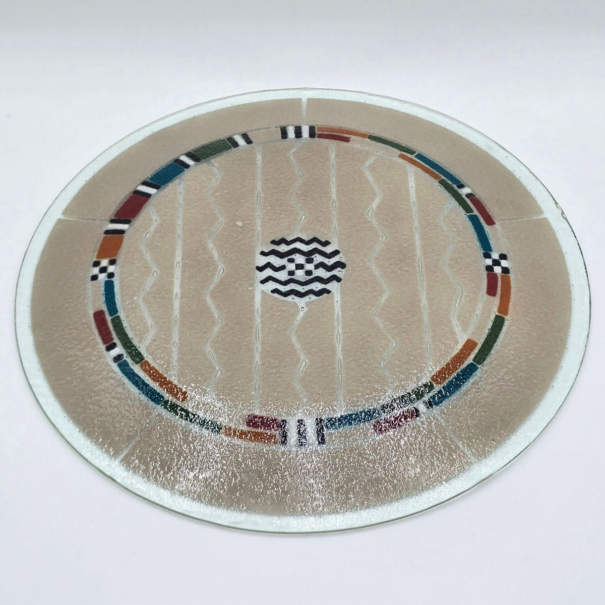 Vintage Ann Mallory Signed Fused Glass Platter 16 Inch Southwest Design w Stand