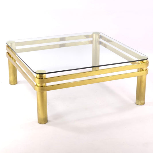 Vintage Hollywood Regency Brass Glass Coffee Table Square Double Rail 38 Inch