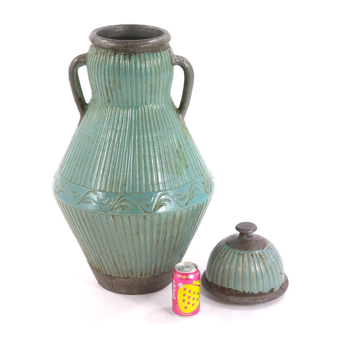 Pair Large Moroccan Turquoise Crackle Glaze Lidded Ceramic Urns 31in
