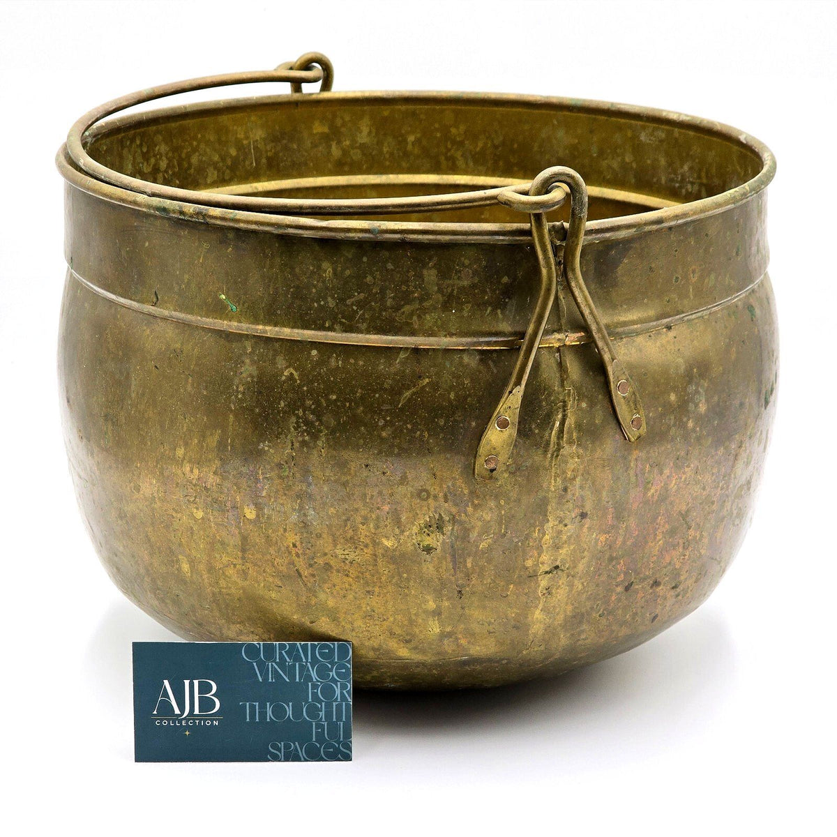 Antique Brass Cauldron Pot Large Bail Handle Primitive Hearth Planter