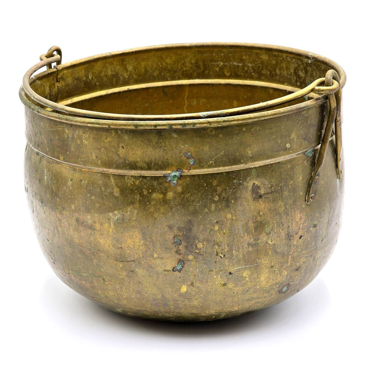 Antique Brass Cauldron Pot Large Bail Handle Primitive Hearth Planter