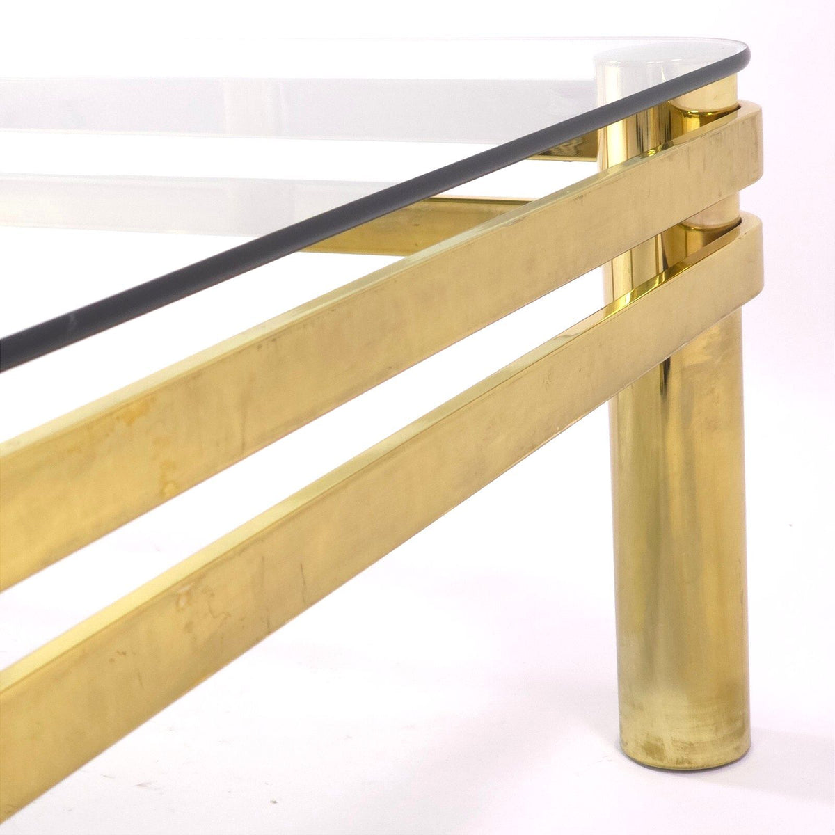Vintage Hollywood Regency Brass Glass Coffee Table Square Double Rail 38 Inch