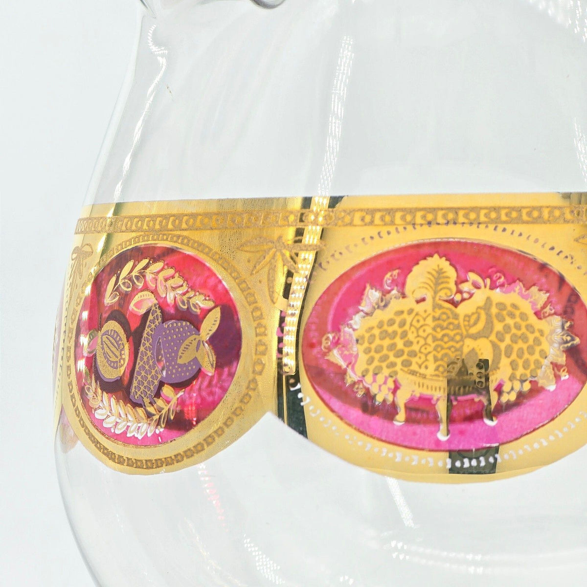 Vintage Cera Glass CGP9 Fruit Medallion Footed Spouted Serving Bowl Gold Red
