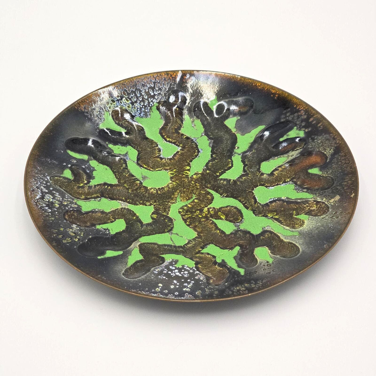 Vintage MCM Enamel on Copper Bowl Green Black Abstract Art 8.75 Inch