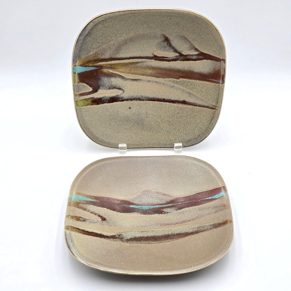 Pair Signed Studio Art Pottery Square Plates Abstract Glaze Modernist 9.6in