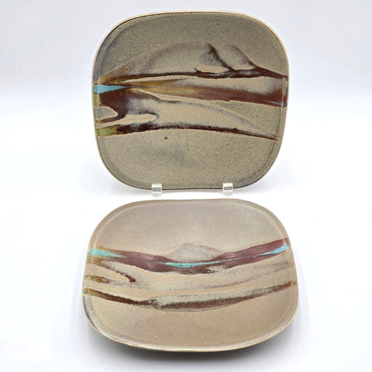 Pair Signed Studio Art Pottery Square Plates Abstract Glaze Modernist 9.6in