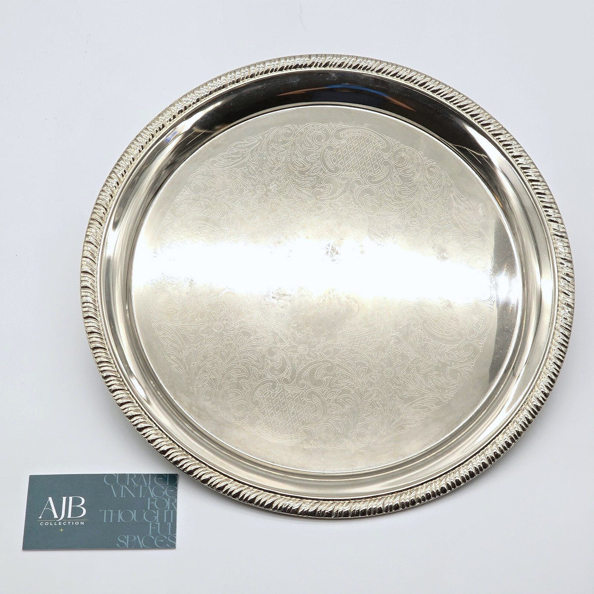 Vintage Silver Plated Hong Kong Round Serving Tray Engraved Scroll 12"