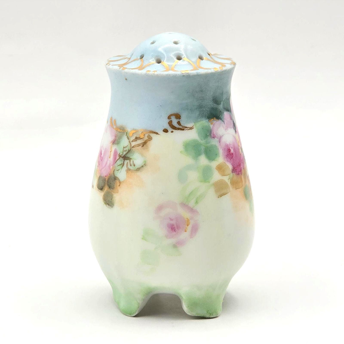 Antique Austria Porcelain Sugar Shaker Muffineer Hand Painted Pink Roses Gold