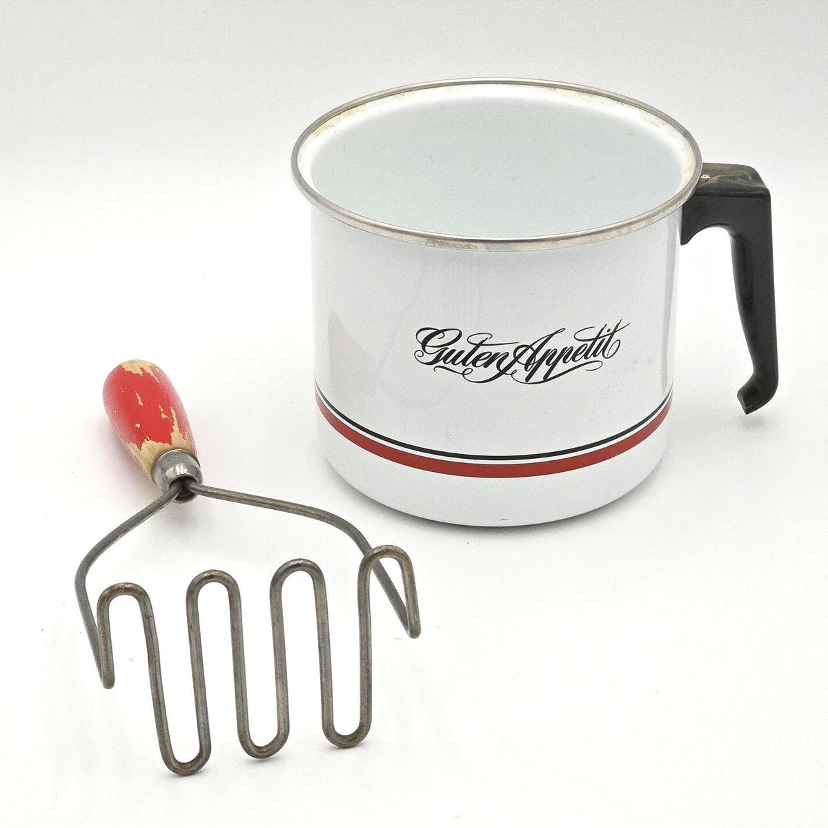 Vintage Guten Appetit Enamel Pot & Red Handle Wire Potato Masher Set