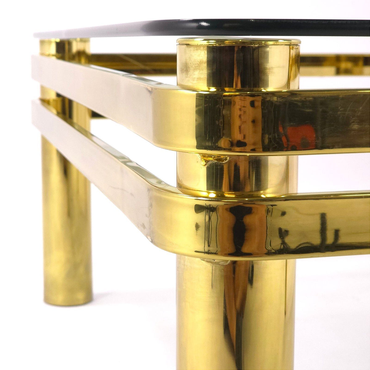 Vintage Hollywood Regency Brass Glass Coffee Table Square Double Rail 38 Inch