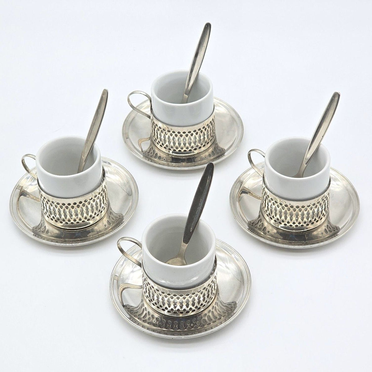 Porcelain Demitasse Espresso Cups Silver Tone Holders Saucers Spoons Set of 4