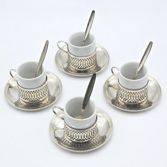 Porcelain Demitasse Espresso Cups Silver Tone Holders Saucers Spoons Set of 4