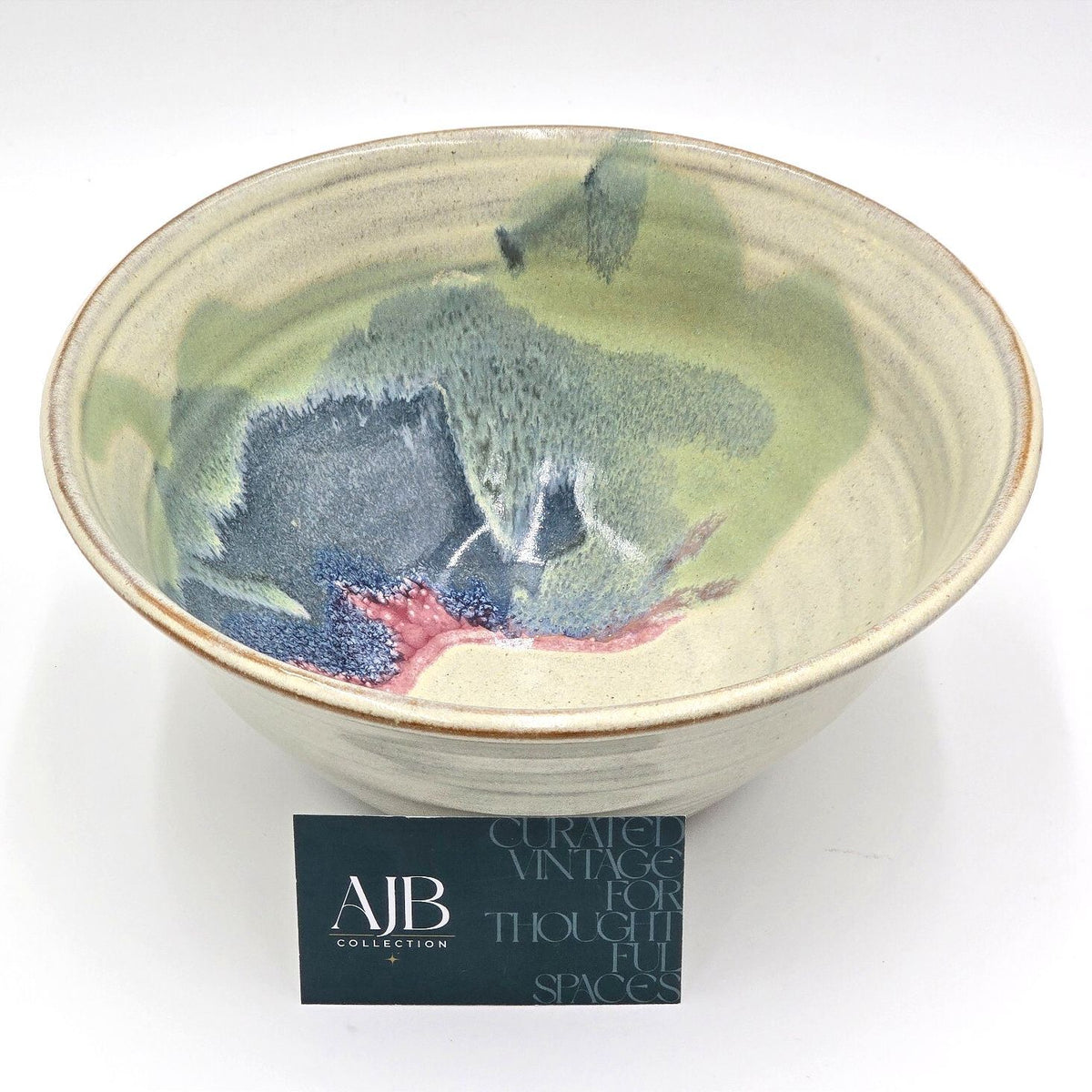 Signed Studio Pottery Bowl Blue Green Pink Drip Glaze Hand Thrown 9.25 Inch