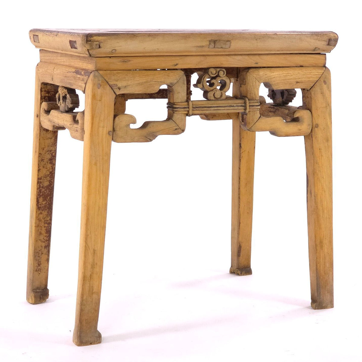 Antique Chinese Ming Style Elmwood Yumu Side Table Carved Scrollwork