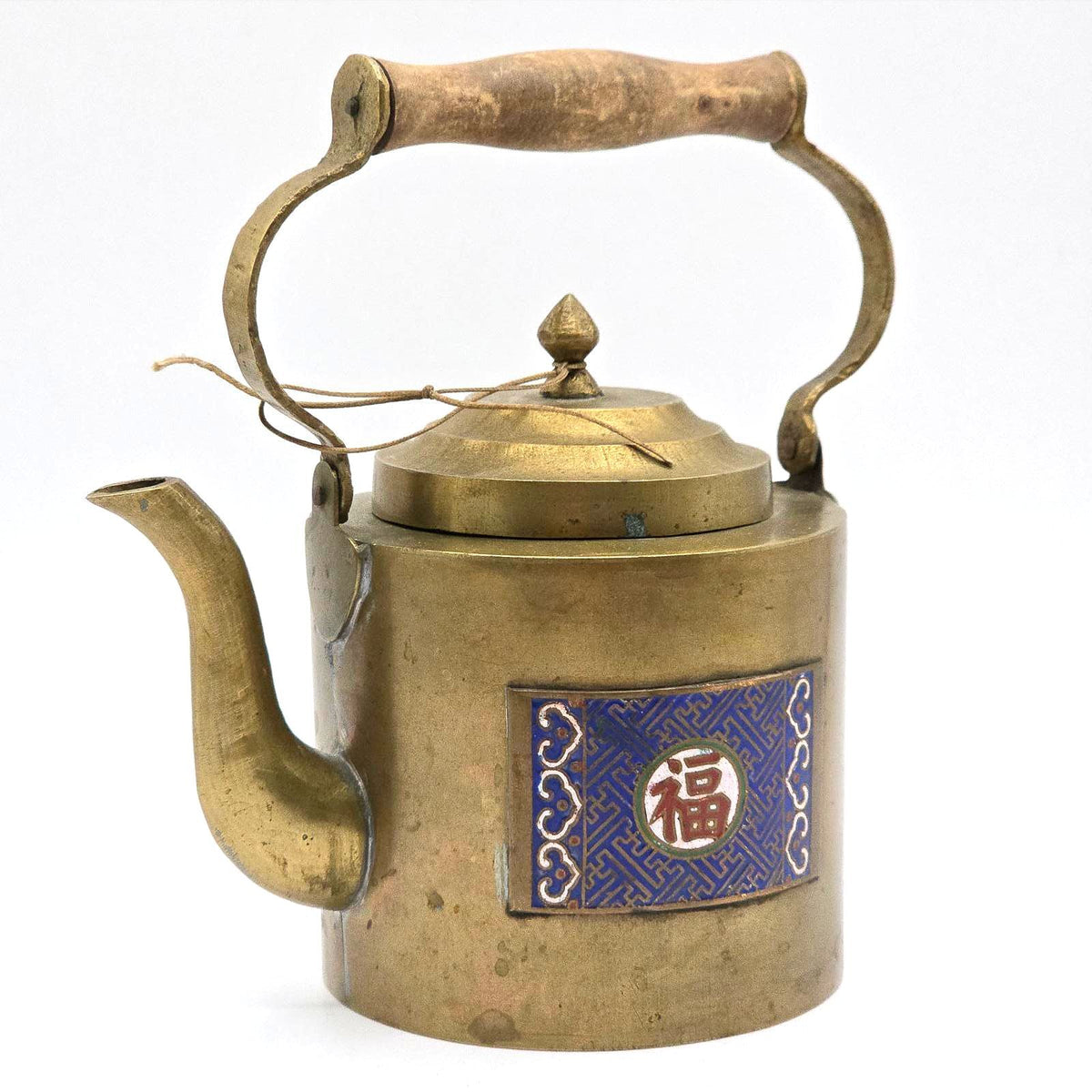 Vintage Chinese Brass Teapot Enamel Fu Good Fortune Wood Handle China
