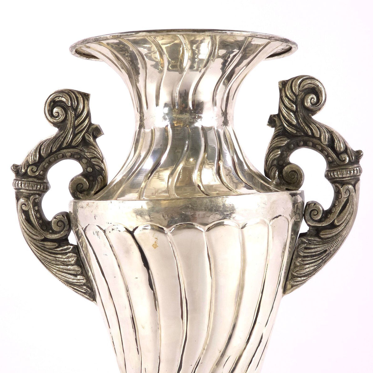 Large French Neoclassical Style Silver Tone Metal Urn Vase Ornate Handles 30.5in
