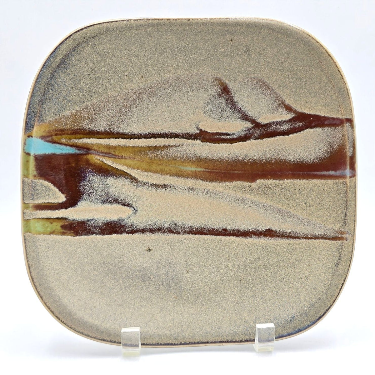 Pair Signed Studio Art Pottery Square Plates Abstract Glaze Modernist 9.6in