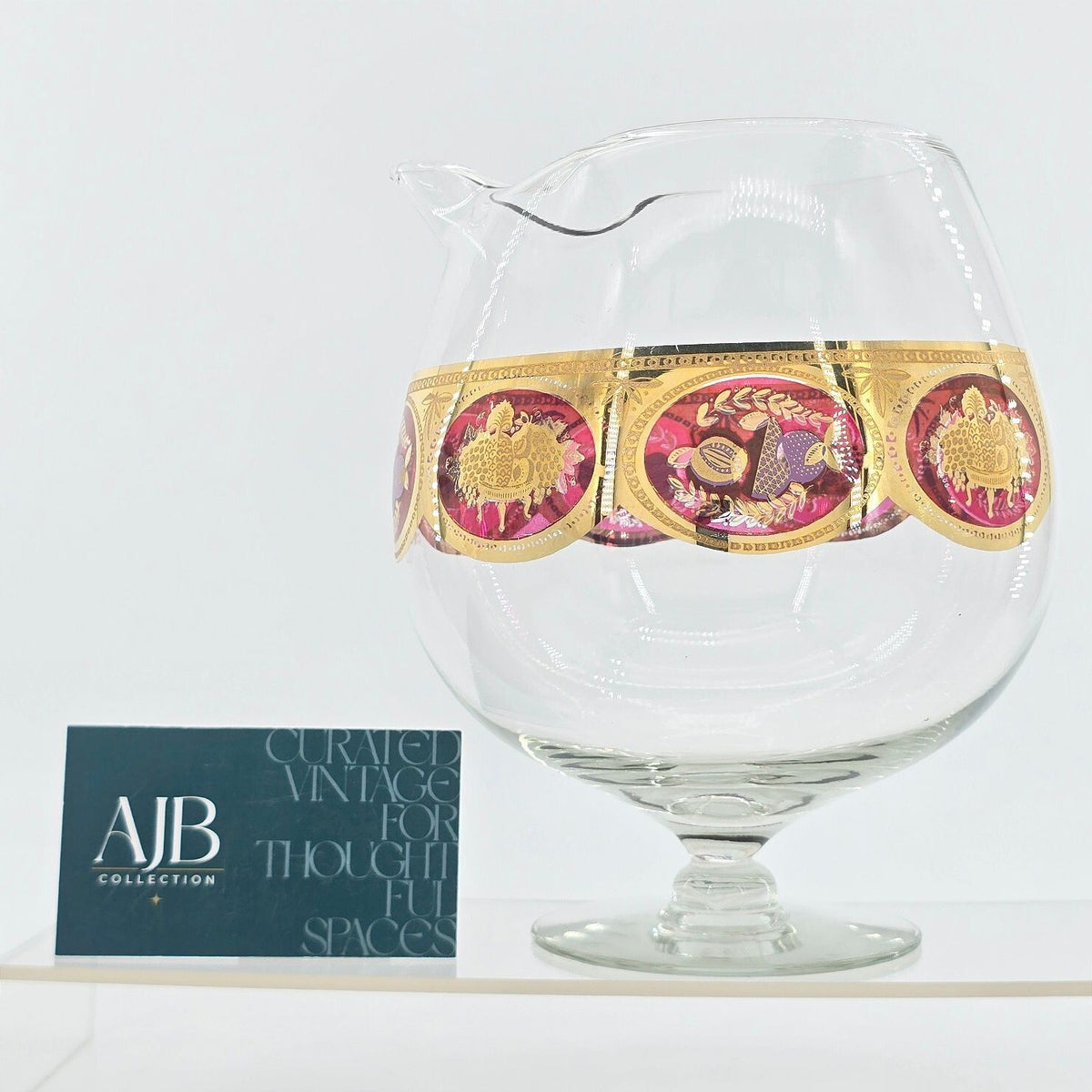 Vintage Cera Glass CGP9 Fruit Medallion Footed Spouted Serving Bowl Gold Red