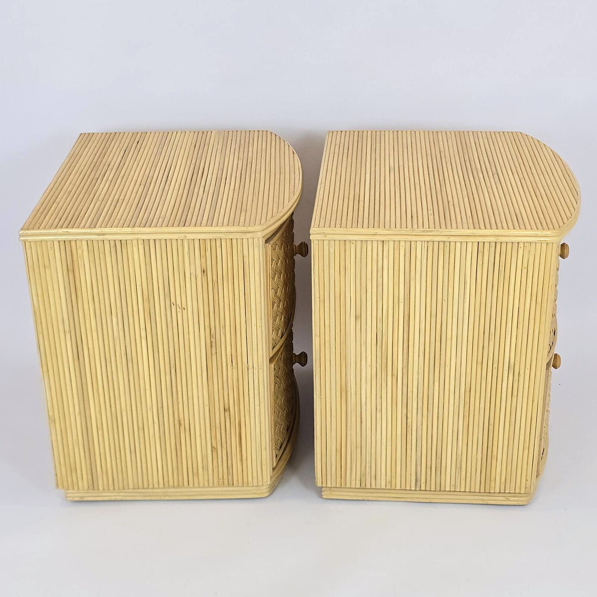 Pair of Woven Rattan Cane Nightstands 2 Drawer Coastal Boho Bedside Tables