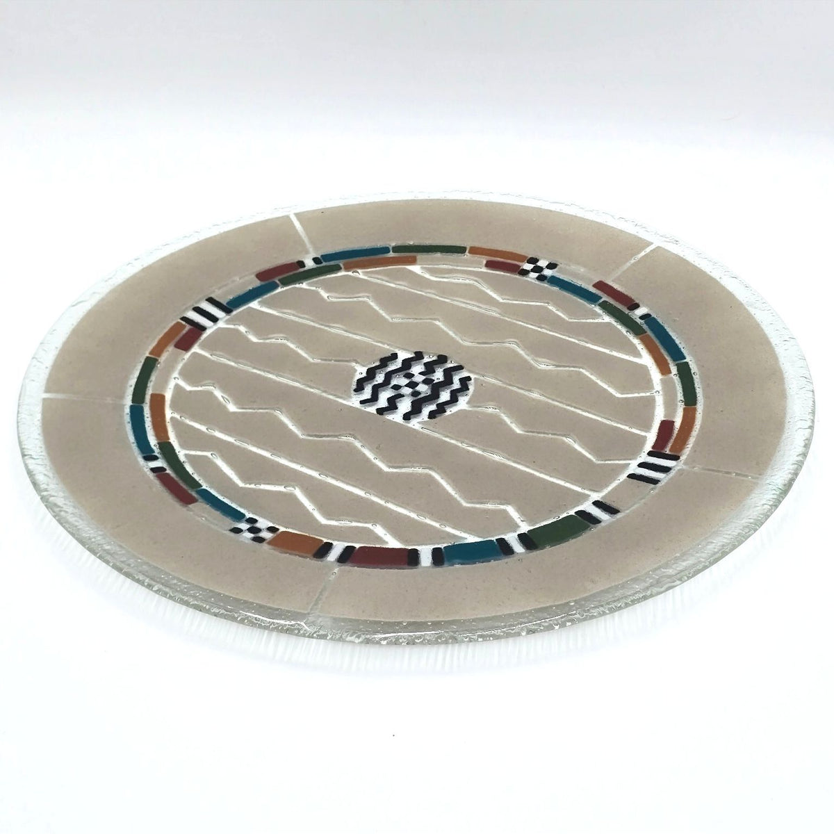 Vintage Ann Mallory Signed Fused Glass Platter 16 Inch Southwest Design w Stand