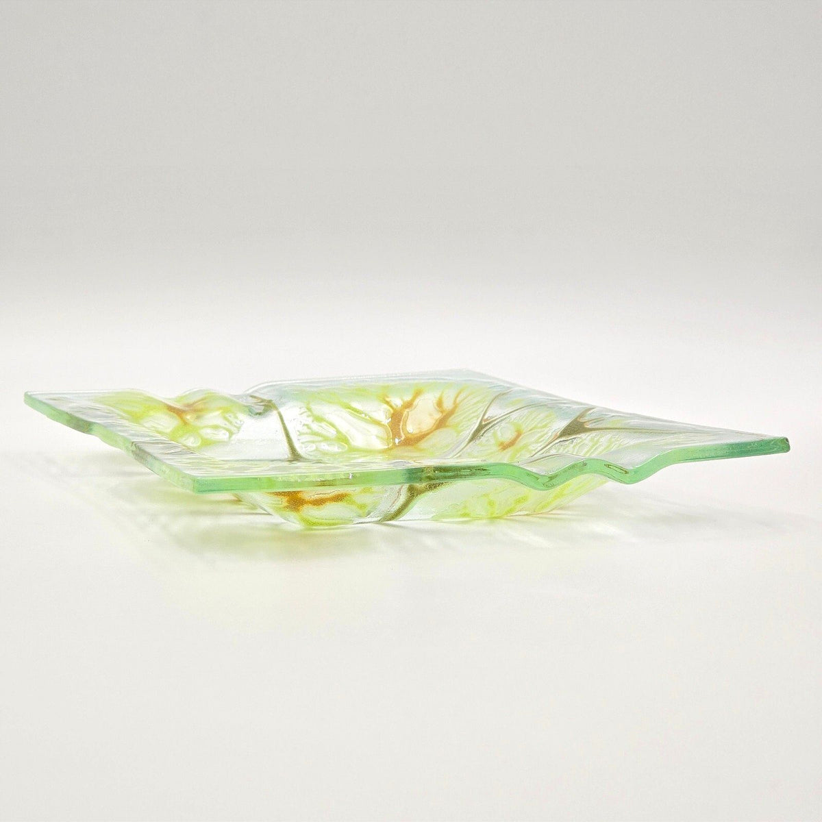 Vintage Higgins Fused Art Glass Tray Green Abstract MCM Signed 10" x 7"