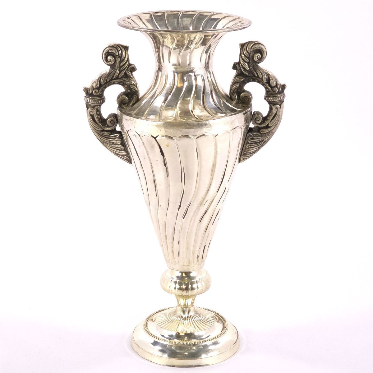 Large French Neoclassical Style Silver Tone Metal Urn Vase Ornate Handles 30.5in