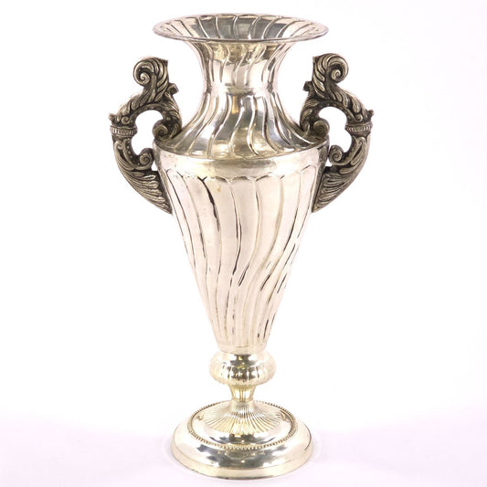 Large French Neoclassical Style Silver Tone Metal Urn Vase Ornate Handles 30.5in