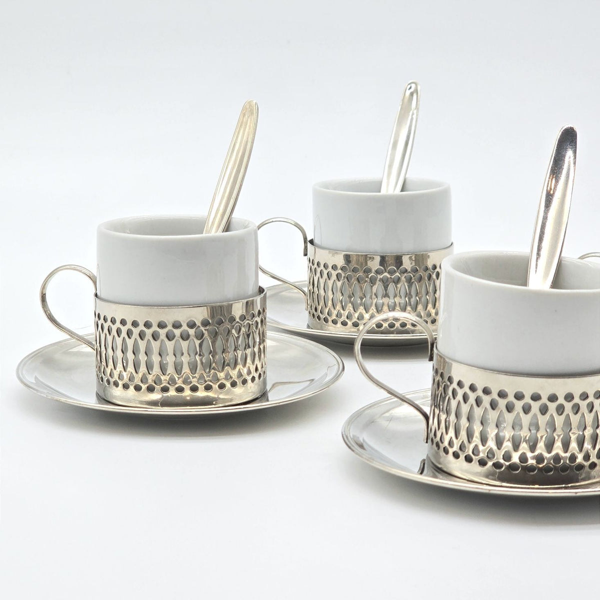 Porcelain Demitasse Espresso Cups Silver Tone Holders Saucers Spoons Set of 4