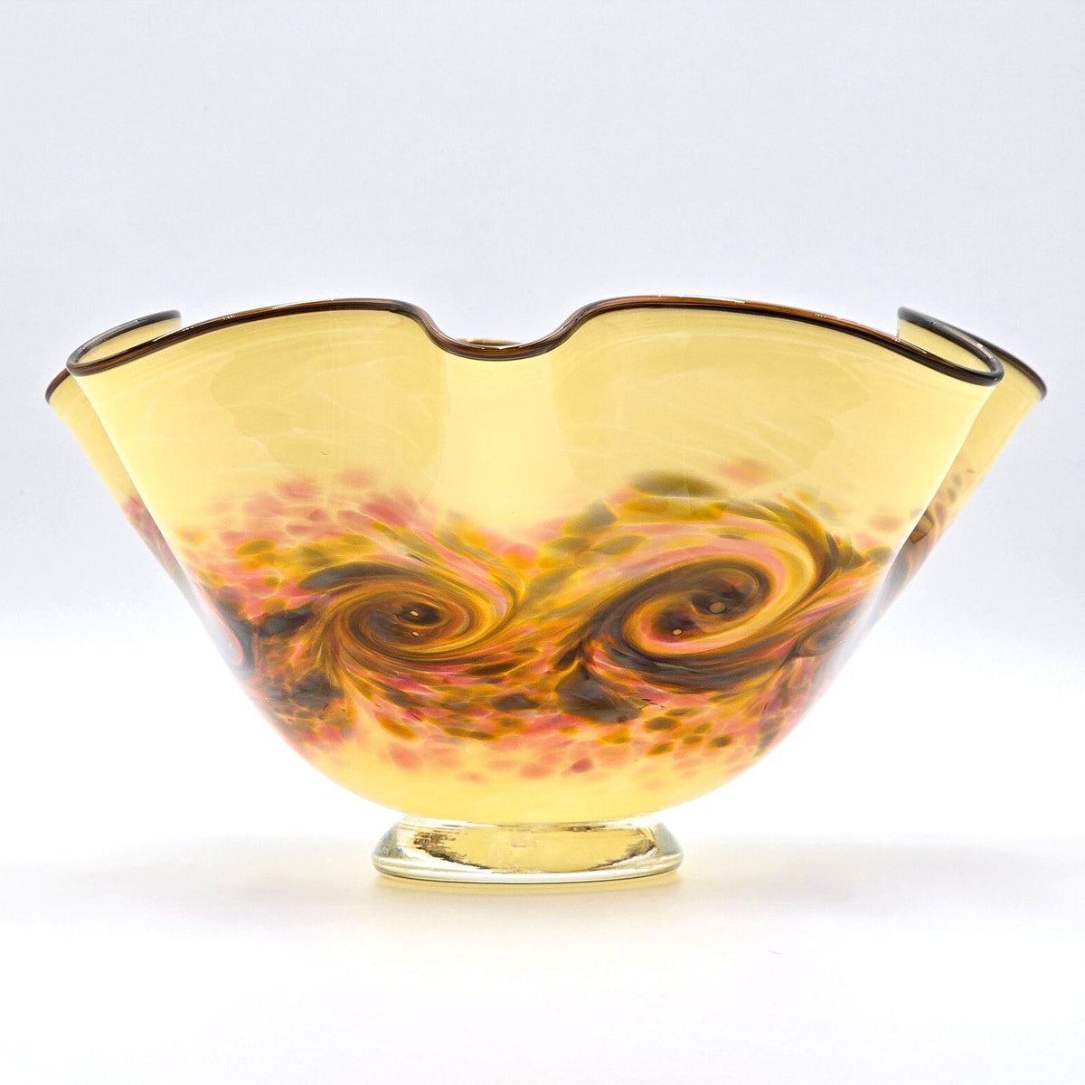Signed Studio Art Glass Ruffled Bowl Multicolor Swirl Footed 12"