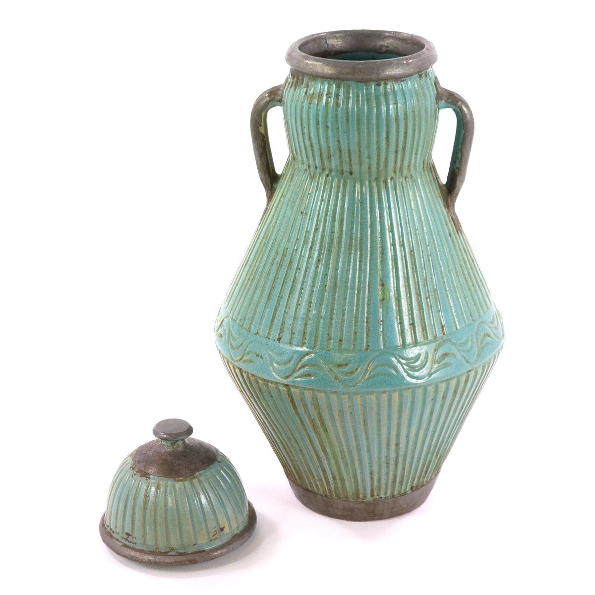 Pair Large Moroccan Turquoise Crackle Glaze Lidded Ceramic Urns 31in