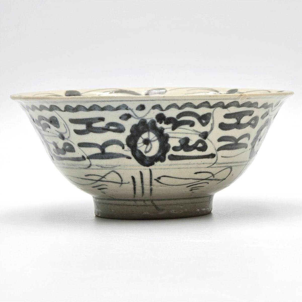 Asian Blue White Hand Painted Ceramic Rice Bowl Floral Scroll 6.25in